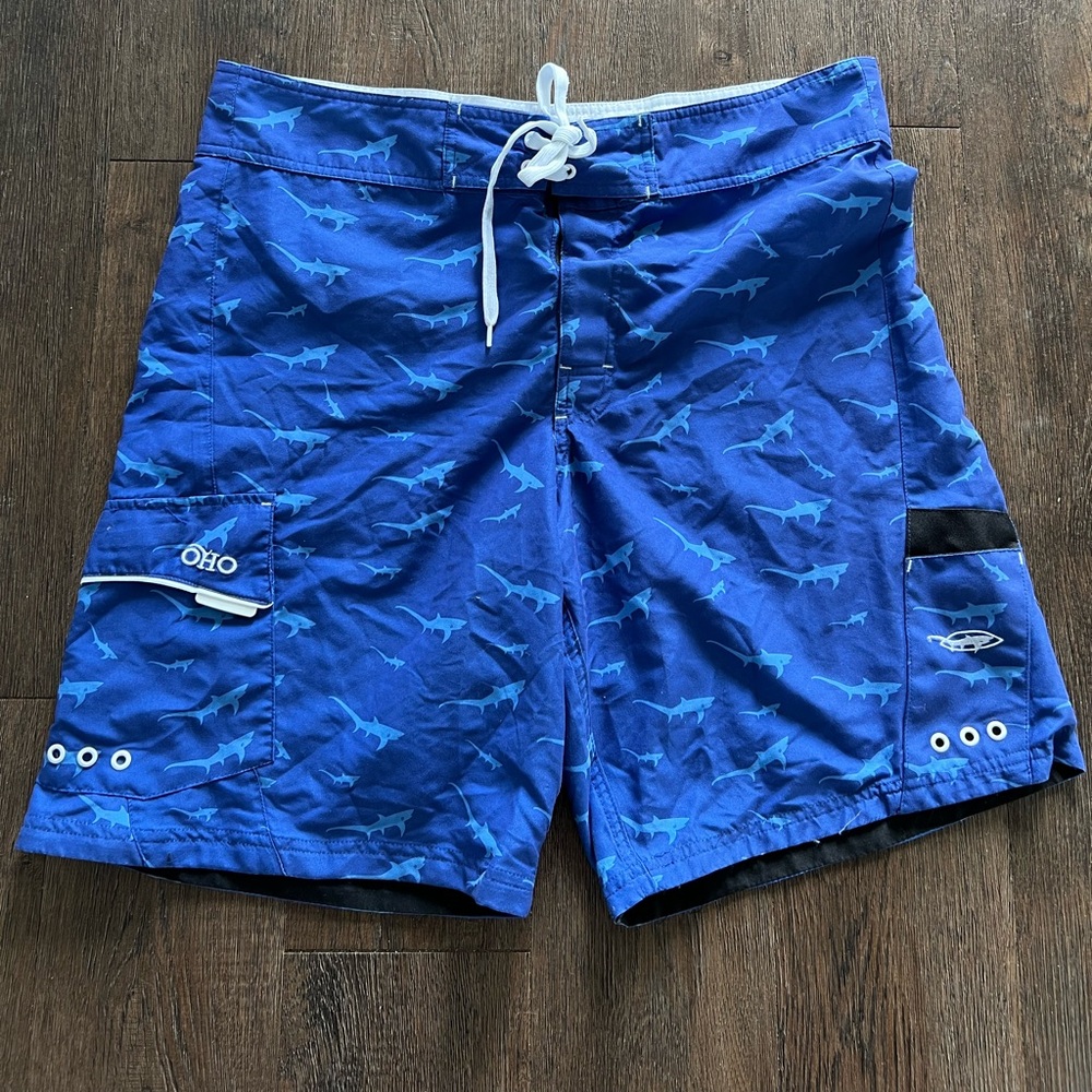 Men’s size 38 Old Harbor Outfitters blue shark swim trunks board shorts